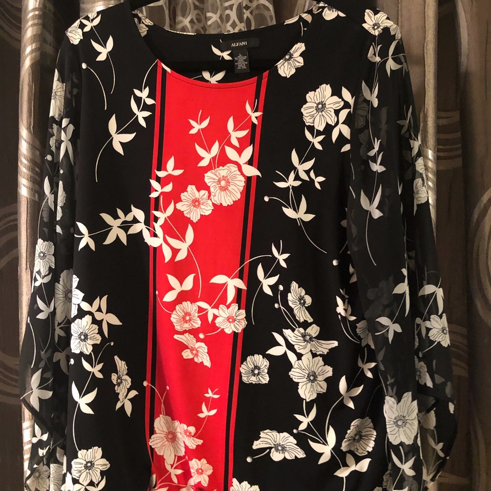 Striking Alfani blouse with sheer asymmetrical sleeves